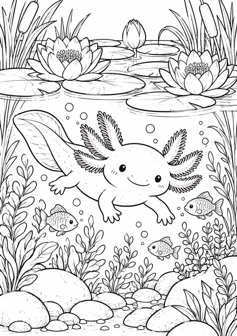 Classic colouring page: a smiling axolotl swimming underwater in a pond below lily pads and flowering water lilies, with reeds, water plants, bubbles, small fish and stones