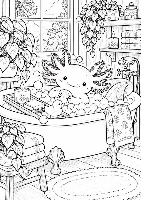 Classic colouring page: an axolotl relaxing in a claw-foot bathtub full of bubbles holding a sponge, with a rubber duck, a candle and soap on a bath tray, towels, a bath mat and houseplants