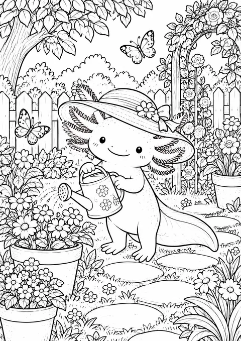Classic colouring page: an axolotl in a straw sunhat watering flowers with a watering can, with flowerpots, stepping stones, a rose arch, a white fence and butterflies
