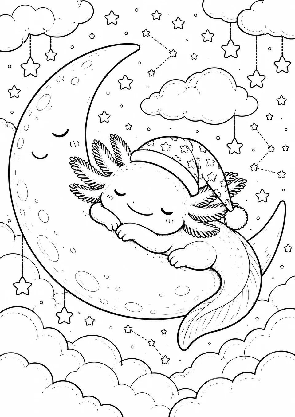 Classic colouring page: an axolotl wearing a nightcap asleep on a smiling crescent moon among clouds, hanging stars and constellations