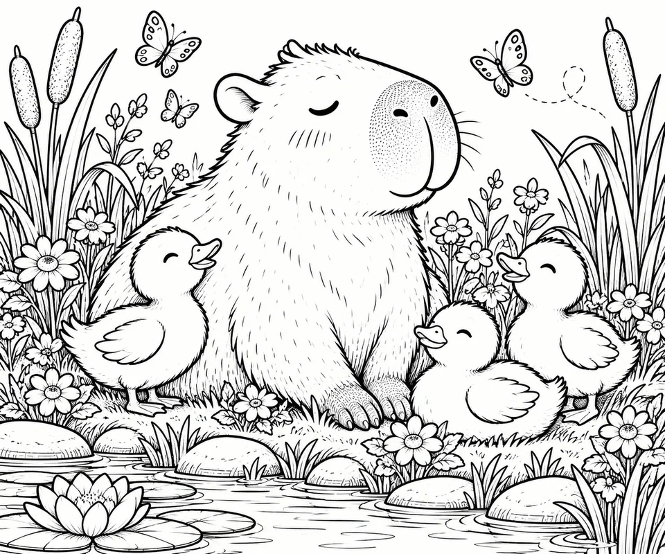 Classic colouring page: a capybara with its eyes closed sitting by a pond with three ducklings, surrounded by reeds, flowers, butterflies and water lilies