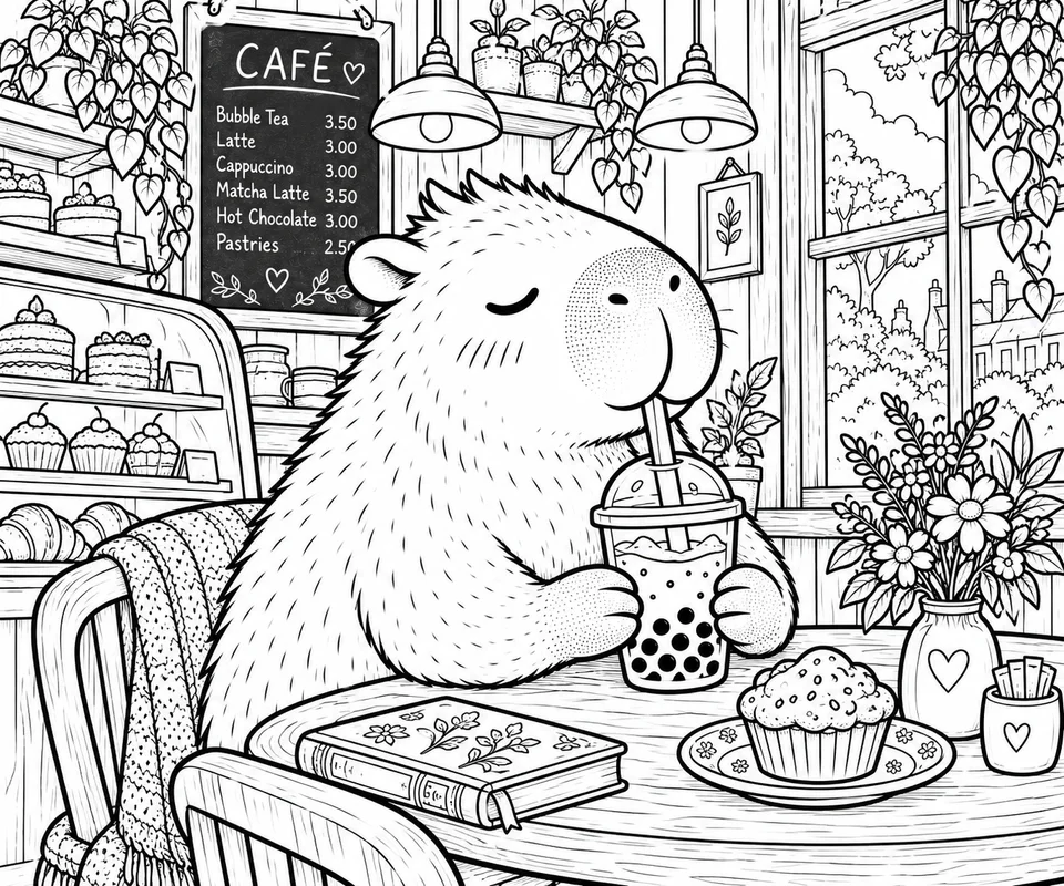 Classic colouring page: a capybara with its eyes closed drinking bubble tea through a straw at a round café table, with a cupcake, a book and a vase of flowers, a window and a café sign behind