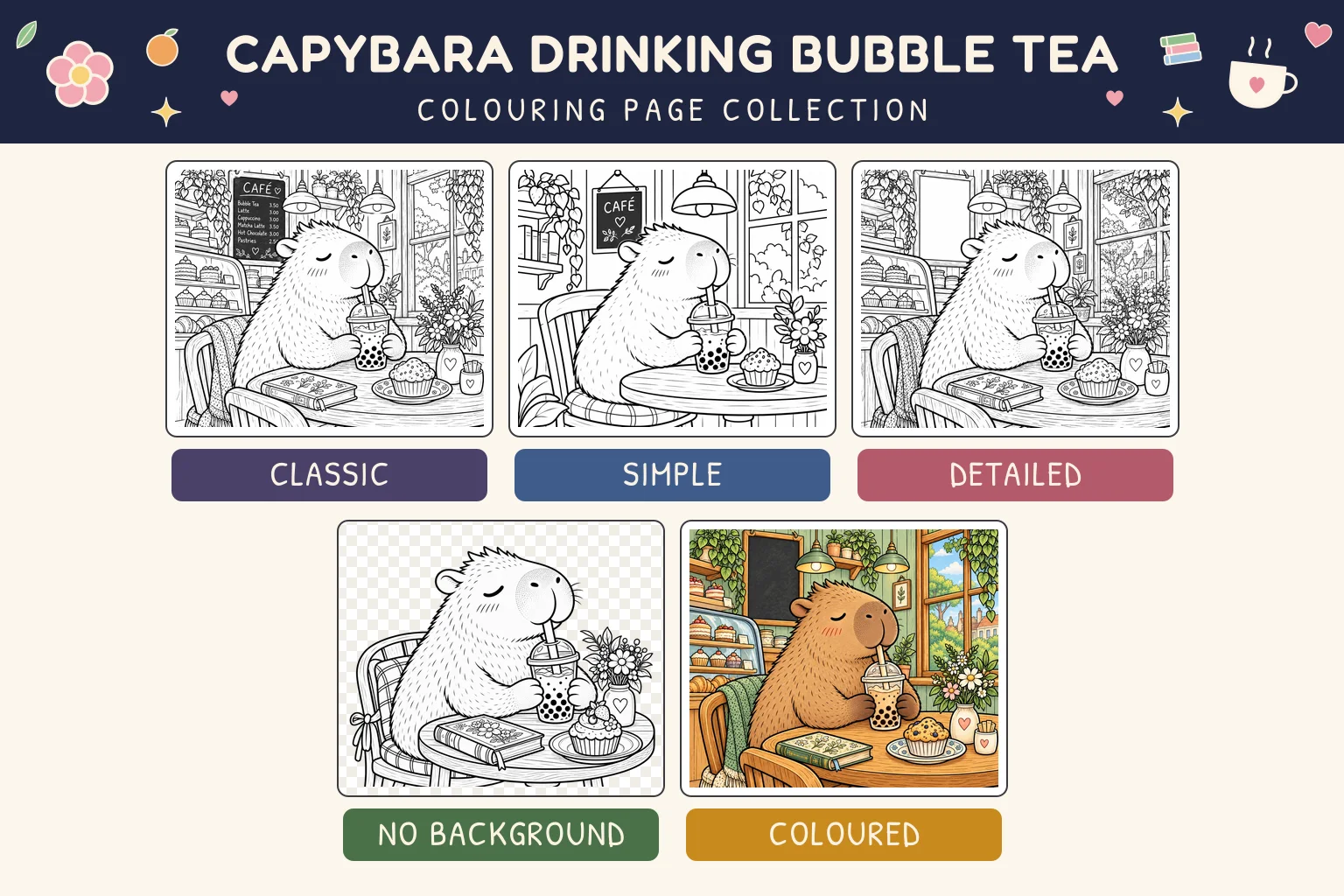 Capybara Drinking Bubble Tea colouring page showing classic, simple, detailed, no background and coloured versions.