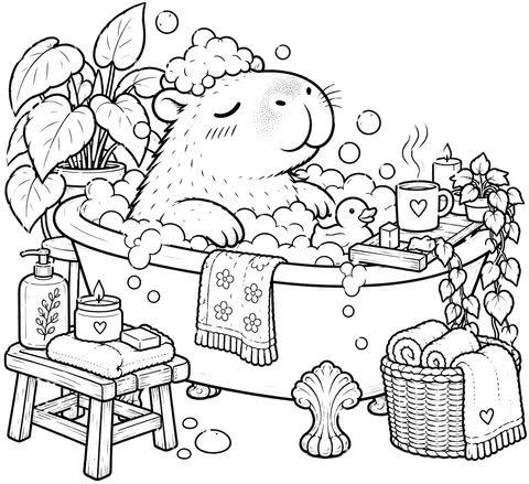 Classic colouring page: a capybara with its eyes closed relaxing in a claw-foot bathtub full of bubbles, with bubbles on its head, a rubber duck, a mug and candles on a bath tray, and a basket of rolled towels