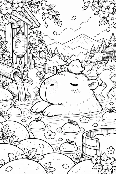 Classic colouring page: a capybara with its eyes closed relaxing in a rocky hot spring with a chick on its head, oranges floating in the water, a wooden water spout, a lantern, blossom and mountains behind