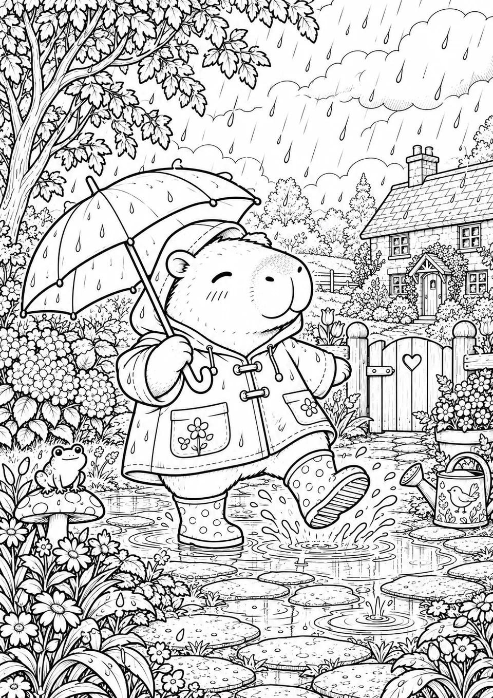 Classic colouring page: a smiling capybara in a raincoat and wellington boots splashing in puddles on a garden path under an umbrella, with a frog on a toadstool, flowers and a cottage behind