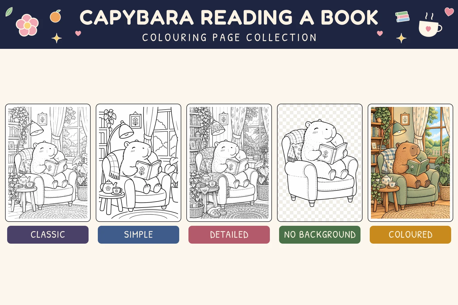 Capybara Reading a Book colouring page showing classic, simple, detailed, no background and coloured versions.