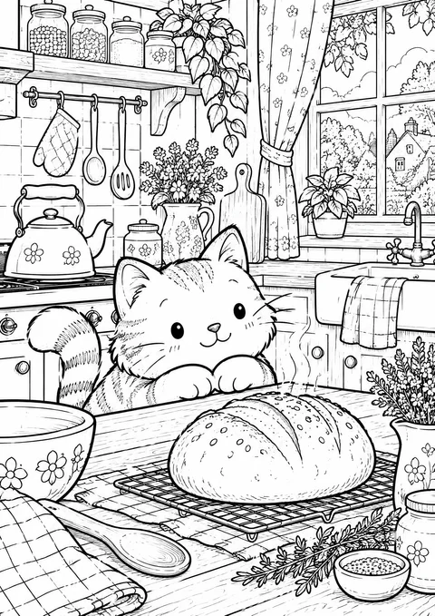 Classic colouring page: a cat peering over a kitchen table at a loaf of bread on a cooling rack, with a mixing bowl, jars, a kettle, herbs, hanging utensils and a window