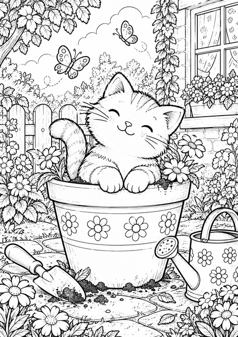 Classic colouring page: a happy kitten sitting in a large flowerpot decorated with daisies, with a trowel, a watering can, flowers, butterflies and a garden fence behind
