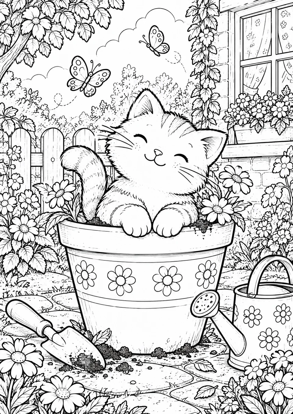 Classic colouring page: a happy kitten sitting in a large flowerpot decorated with daisies, with a trowel, a watering can, flowers, butterflies and a garden fence behind