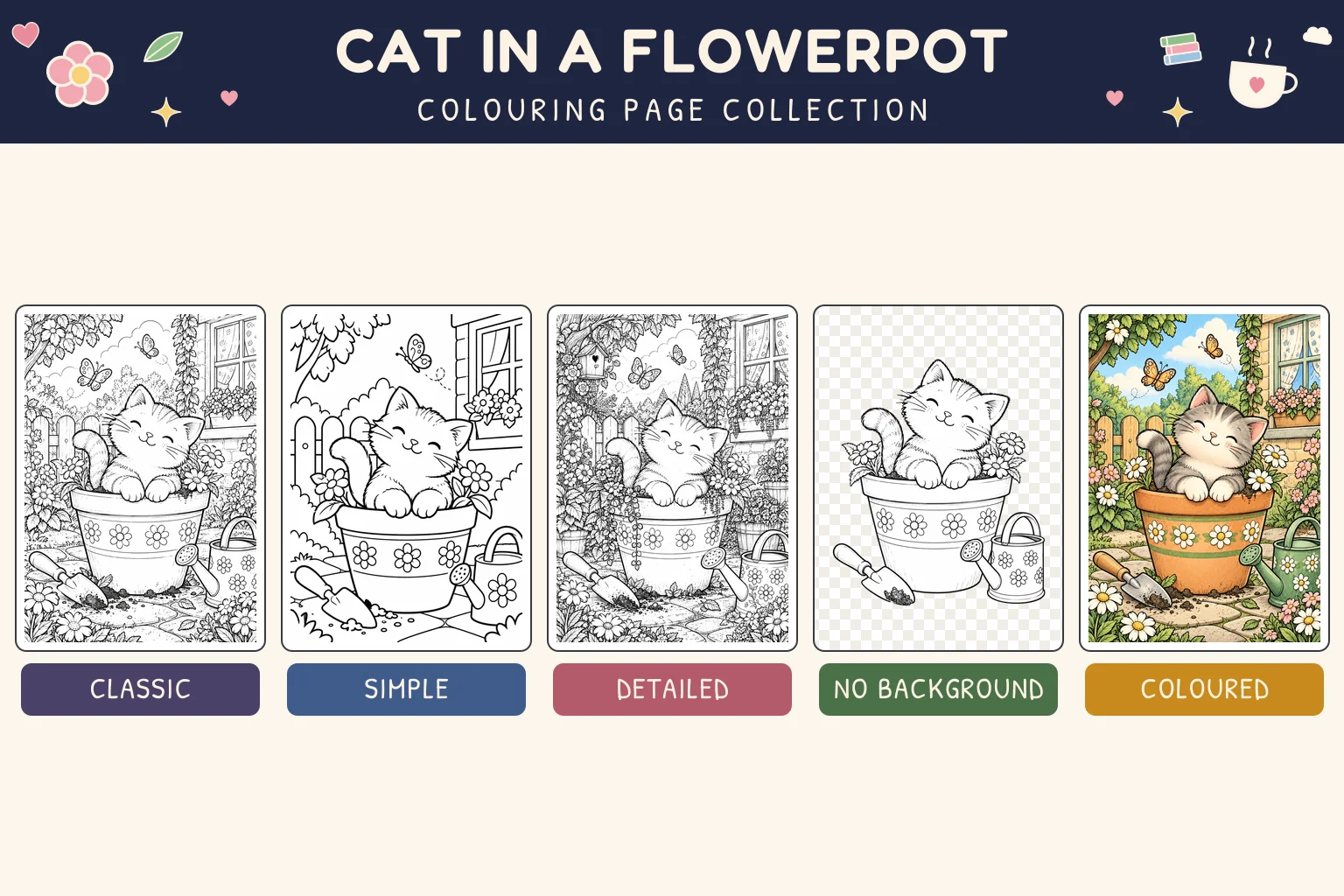 Cat in a Flowerpot colouring page showing classic, simple, detailed, no background and coloured versions.