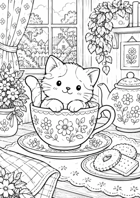 Classic colouring page: a small kitten peeking out of a large flowery teacup on a saucer, with a teapot, a plate of biscuits and flowers on a table with a lace cloth