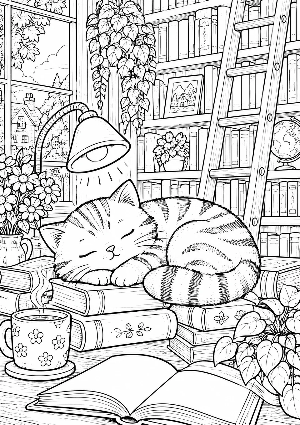 Classic colouring page: a striped cat asleep on a stack of books, with an open book, a mug, a reading lamp, a ladder against tall bookshelves and a window