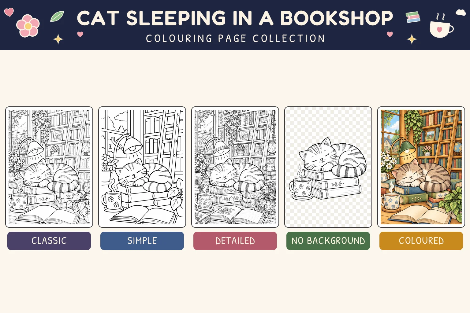 Cat Sleeping in a Bookshop colouring page showing classic, simple, detailed, no background and coloured versions.