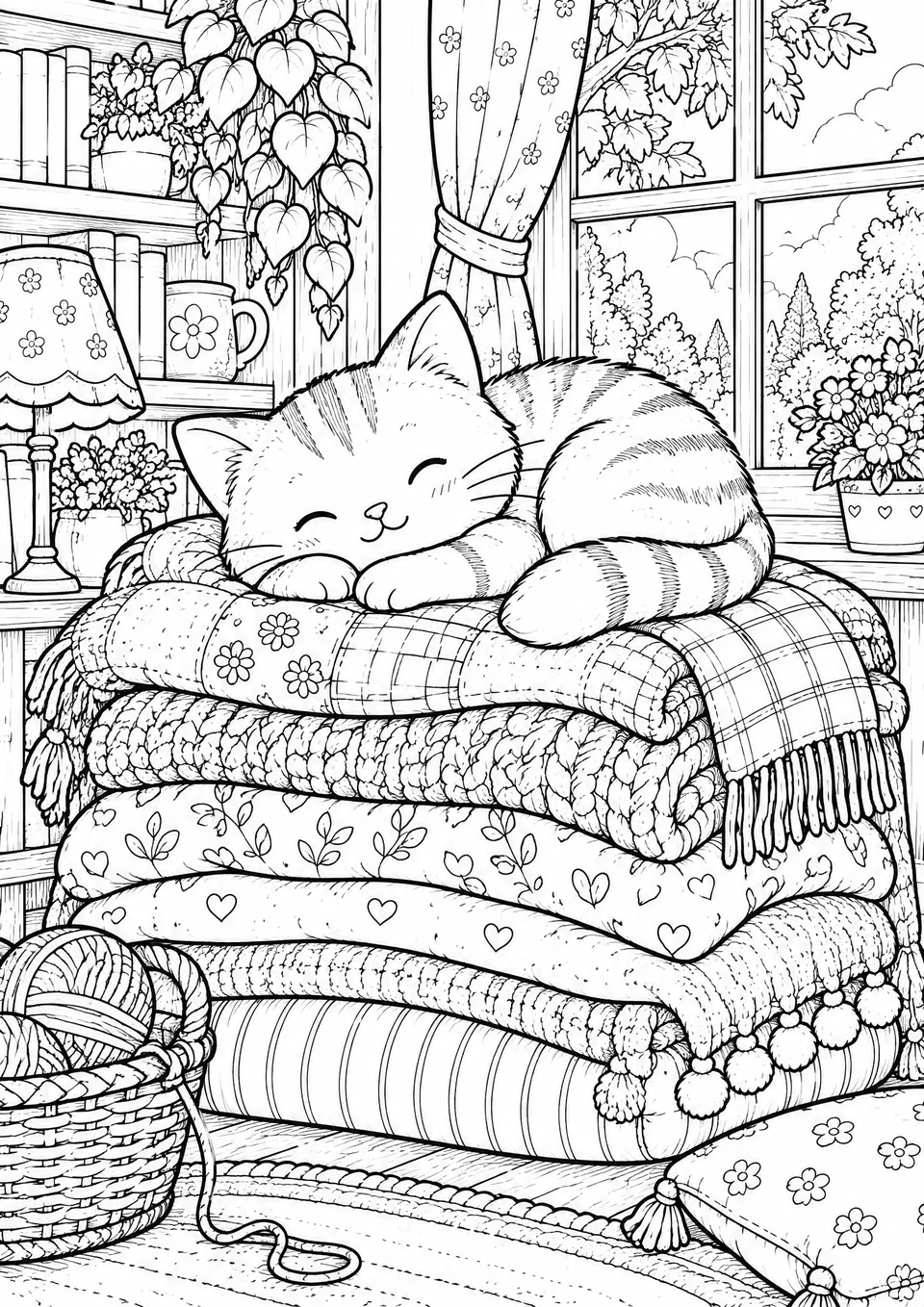 Classic colouring page: a striped kitten asleep on a tall stack of folded quilts and knitted blankets, with a yarn basket, cushions, a lamp, shelves and a window