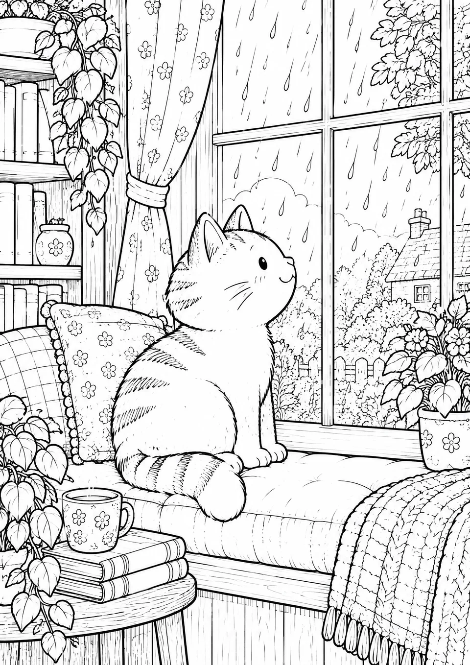 Classic colouring page: a striped cat sitting on a cushioned window seat looking out at the rain, with patterned cushions, a knitted blanket, a mug on a pile of books, bookshelves, curtains and potted plants