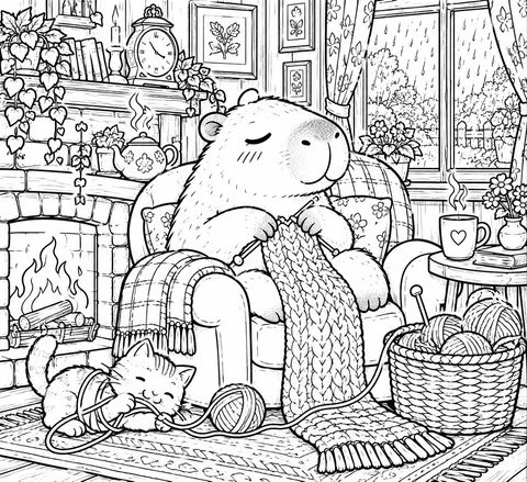Classic colouring page: a capybara with its eyes closed knitting a long scarf in an armchair beside a crackling fire, with a kitten playing with a ball of wool and a basket of yarn nearby